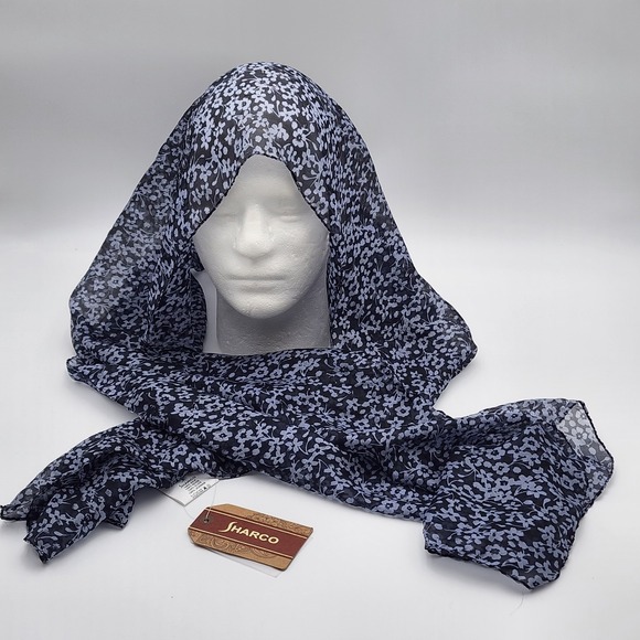 Sharco Women's‎ 100% Silk Scarf Blue Black Pattern Floral Luxury NWT - Picture 1 of 6
